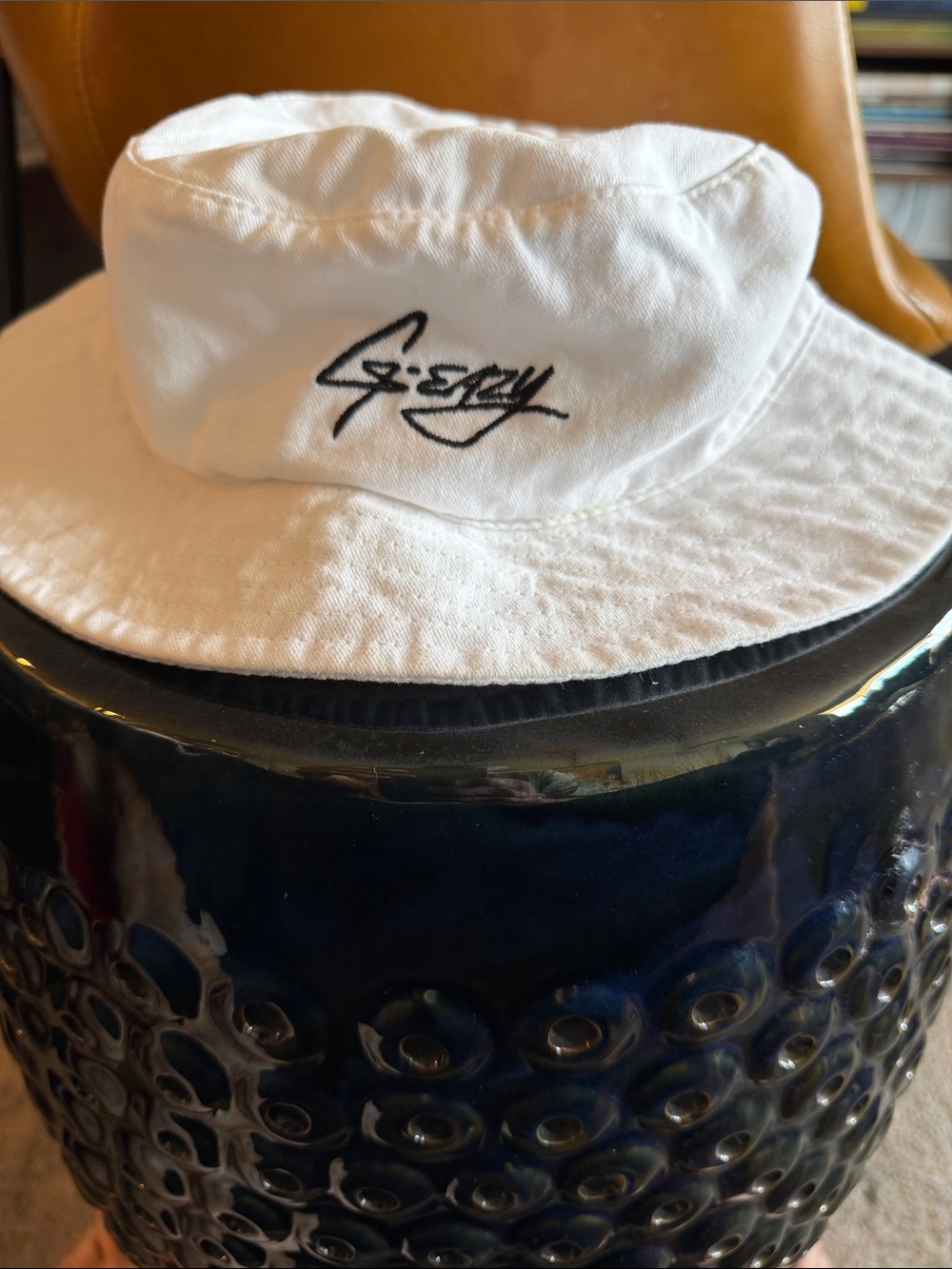 White Bucket Hat with Script Embroidery - Men